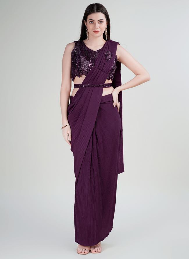 Imported Wine Party Wear Sequinned Readymade Saree